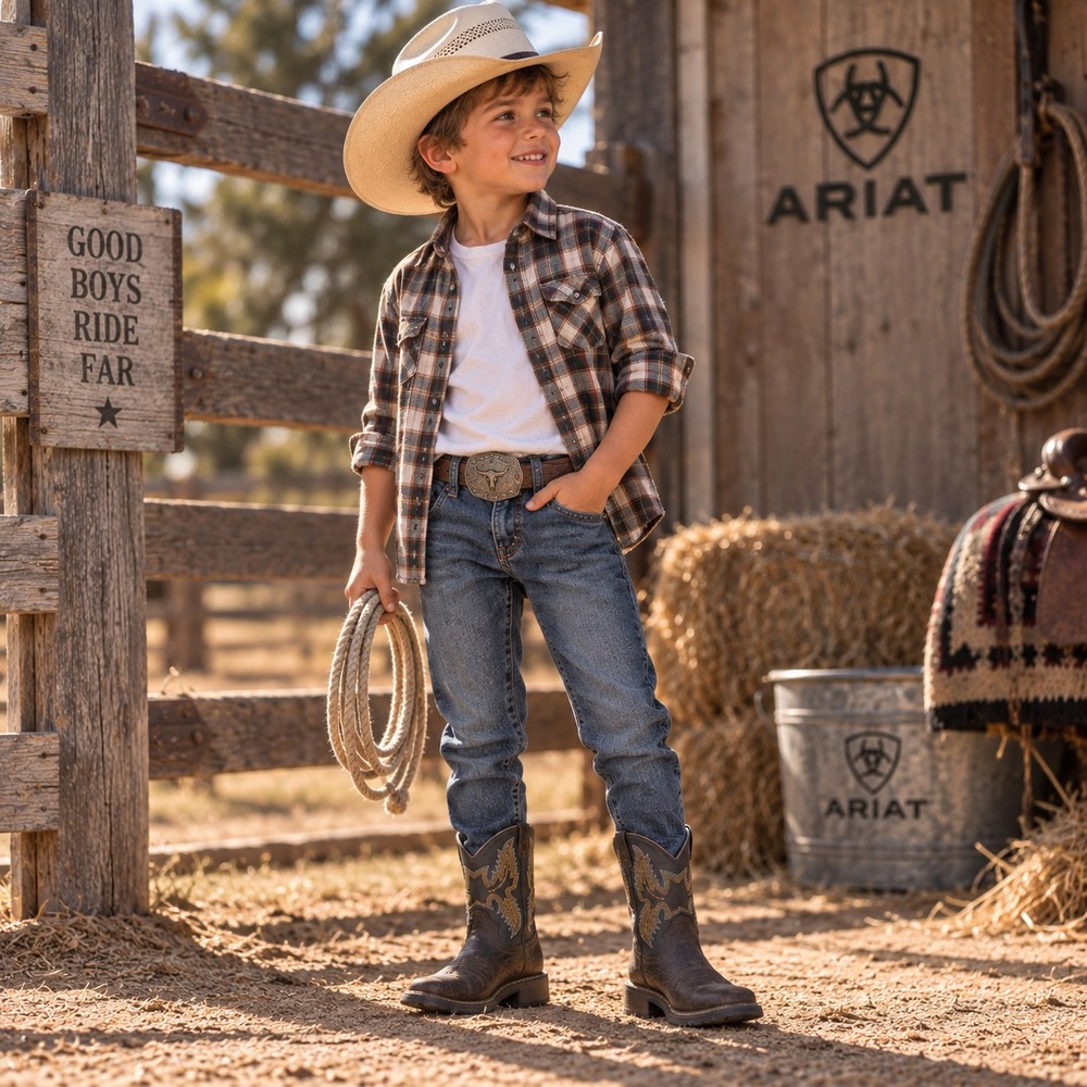 ARIAT Kids US5 Brown Leather Square Toe Western Cowboys Boots 10021452
